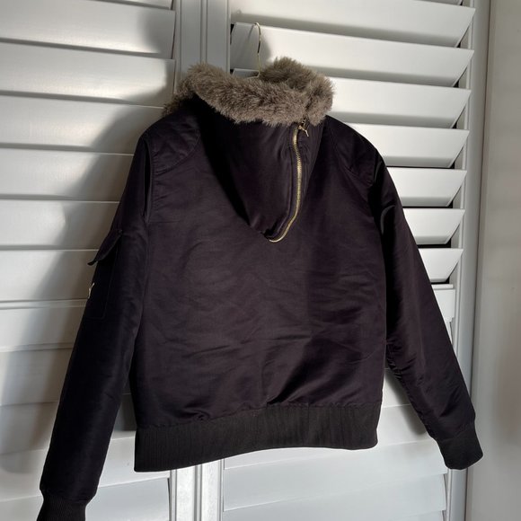 Black Puma Bomber Faux Fur Hooded Moto style Jacket Sized Large - Picture 10 of 14
